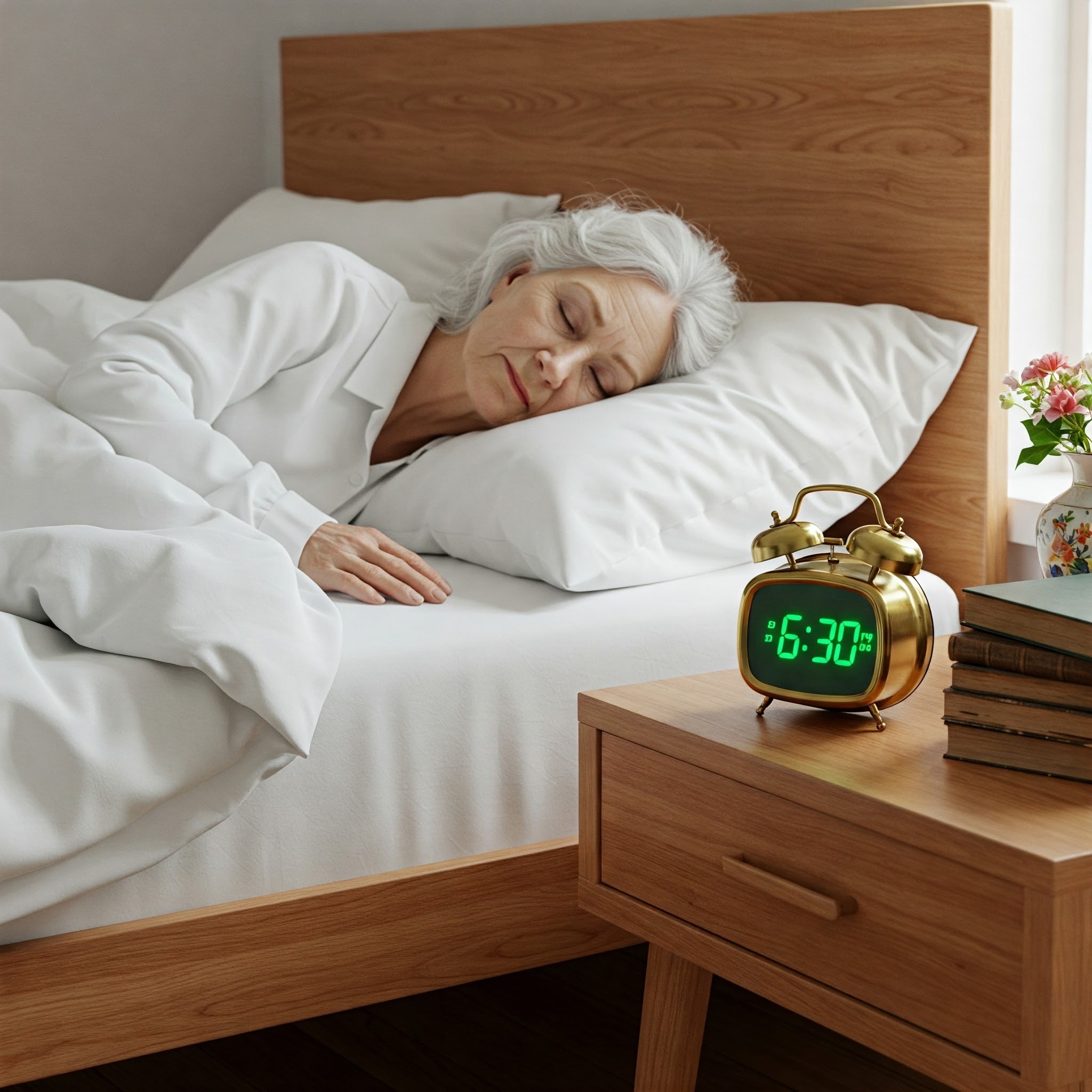 Eine ältere Dame liegt im weichen Bett und schläft. Im Vordergrund ist ein Wecker zu sehen.